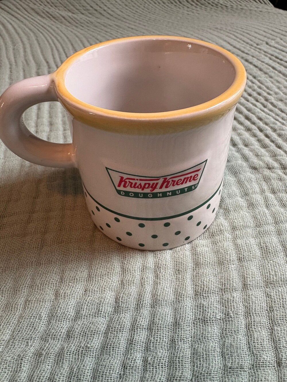 Krispy Kreme Doughnuts Ceramic Coffee Mug Yellow Rim Green Polka Dots